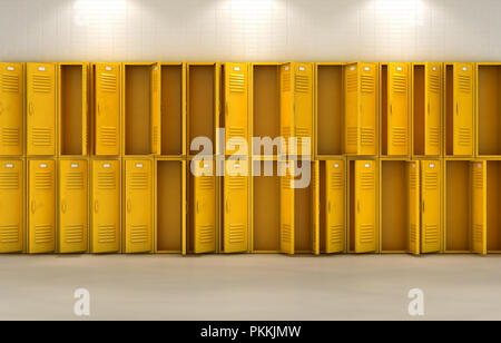 Una superficie piana di guardare una ben illuminata pila di aprire giallo vuota armadietti in una scuola corridoio - 3D render Foto Stock