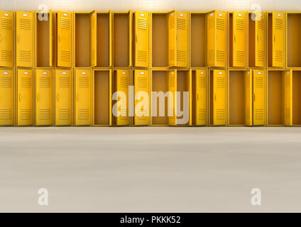 Una superficie piana di guardare una ben illuminata pila di aprire giallo vuota armadietti in una scuola corridoio - 3D render Foto Stock