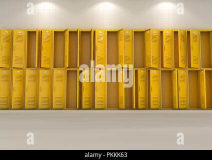 Una superficie piana di guardare una ben illuminata pila di aprire giallo vuota armadietti in una scuola corridoio - 3D render Foto Stock