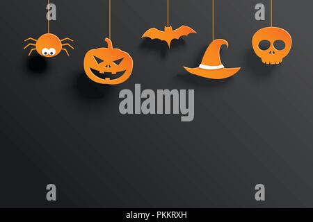 Halloween carta arancione appeso in uno sfondo scuro. Utilizzare per il biglietto di auguri, flyer, party, banner, poster, illustrazione vettoriale. Illustrazione Vettoriale