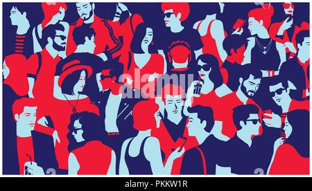 Silhouette stilizzata folla di persone del gruppo di giovani adulti appendere fuori in chat si sono riuniti per la vita notturna di minimo evento pop art style design piatto vettore Illustrazione Vettoriale