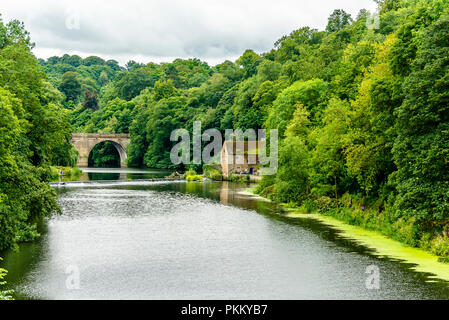 Vista dalla valle di Prebends Bridge, uno dei tre-pietra ponti ad arco in Durham, Regno Unito Foto Stock