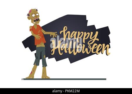 Happy Halloween poster - moderno personaggio dei fumetti illustrazione su sfondo bianco con la calligrafia del testo. Composizione con creepy permanente e zombie Illustrazione Vettoriale