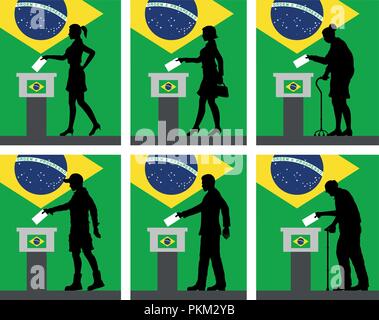 I cittadini brasiliani silhouette votare alle elezioni in Brasile. Tutti gli oggetti di silhouette e gli sfondi sono in diversi strati. Illustrazione Vettoriale