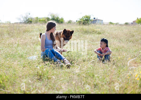 Madre e figlio giocando con il cane formazione sheepdog Foto Stock