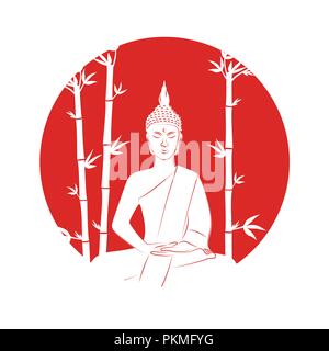 Silhouette di Buddha seduto in lotus pongono su uno sfondo rosso con bambù illustrazione vettoriale EPS10 Illustrazione Vettoriale