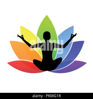 Giovane seduti in meditazione yoga posizione del loto con silhouette giglio colorati nei colori dell'arcobaleno illustrazione vettoriale EPS10 Illustrazione Vettoriale