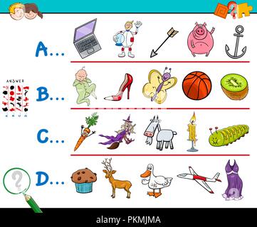 Illustrazione del fumetto di trovare foto iniziando con cui lettera gioco educativo eserciziario per i bambini Illustrazione Vettoriale