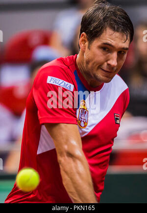 Kraljevo, Serbia. Dusan Lajovic (SRB) restituisce Credito: Nikola Krstic/Alamy Live News Foto Stock
