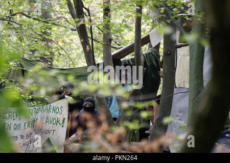 Kerpen, Germania. 14 settembre 2018. Gli attivisti sedersi in una delle case della struttura. Il giorno 2 di lo sfratto di attivisti provenienti dalla zona occupata Hambach foresta dalla polizia hanno visto un ulteriore albero case distrutte e gli attivisti detenuti nonché una seconda marcia di protesta dei sostenitori. La foresta di Hambach è supposto per essere cancellato per fare spazio per l'estensione della vicina miniera di lignite da tedesco electric utilities azienda RWE e è stato occupato da attivisti ambientali per diversi anni, che vivono in case ad albero. Foto Stock