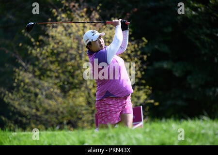 Evian. Xiv Sep, 2018. Shanshan Feng della Cina compete durante il secondo round del campionato di Evian il 7 settembre 14, 2018 a Evian-les-Bains, Francia. Credito: Alain Grosclaude/Xinhua/Alamy Live News Foto Stock