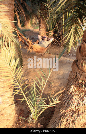 Uomo disteso in una amaca tra palme da dattero sull isola Fatna all'Oasi di Siwa, Egitto Foto Stock