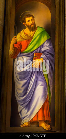 San Bartolomeo dipinto Chiesa di Orsanmichele Firenze Italia. Pittura dal 1400s. Bartolomeo è simboleggiato da un coltello perché scorticato vivo Foto Stock