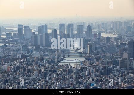 La città di Tokyo, Giappone. Fumoso skyline di Chuo Ward e Tsukishima isola. Foto Stock