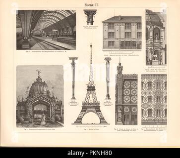 Antichi disegni architettonici da Parigi, Francia, tra cui la Torre Eiffel Foto Stock