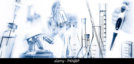 Ricercatore con ingrediente attivo un microscopio, la pipetta e altre attrezzature di laboratorio Foto Stock