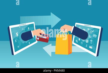 Concetto di vettore shopping online a casa utilizzando computer tablet pagando con carta di credito Illustrazione Vettoriale