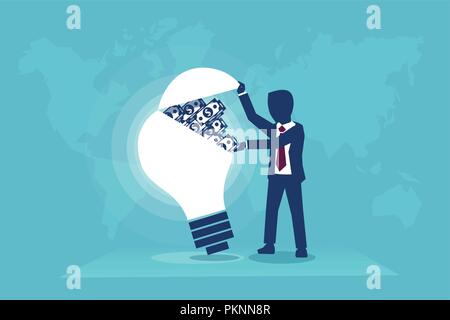 Imprenditore apertura di una lampadina elettrica piena di soldi, illustrazione vettoriale il concetto di business Illustrazione Vettoriale