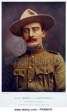 Il colonnello Robert S.S. Baden-Powell, 1857 - 1941, era un ufficiale dell'esercito britannico, scrittore, fondatore e primo Capo Scout del Boy Scout Association e fondatore della ragazza Guide. Illustrazione a colori da 1900 Foto Stock