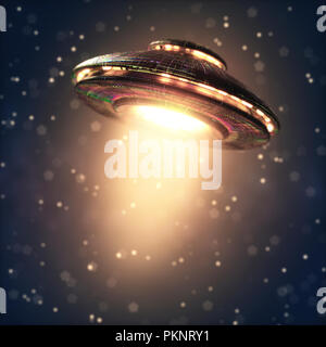 Alien nave spaziale nello spazio esterno, illustrazione. Foto Stock