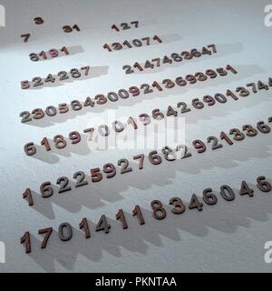 The first 12 Mersenne Primes (last three partially obscured). Mersenne primes are numbers one less than powers of two, where the exponent also has to be a prime. Currently there 50 have been discovered, the last one in 2017. It is conjectured that there are an infinite number, but no formal proof has established this. Marin Mersenne was a French mathematician and thinker who lived from 1588 to 1648. Foto Stock