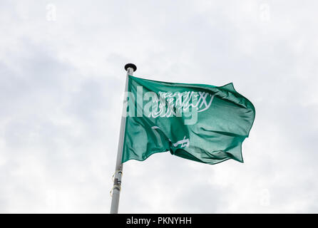 Bandiera dell'Arabia Saudita. Saudi Arabian bandiera su un palo sventolare, sfondo con cielo nuvoloso Foto Stock