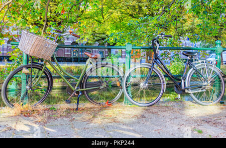 L'Aia, Paesi Bassi - 02 Settembre 2018: Biciclette parcheggiate nei pressi di un canale a L'Aia, Paesi Bassi Foto Stock