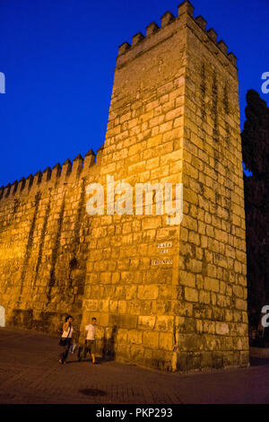 Siviglia, Spagna- Giugno 18, 2017:i turisti a camminare per strada di notte accanto al palazzo di Alcazar di Siviglia, Spagna Giugno 2017 Foto Stock