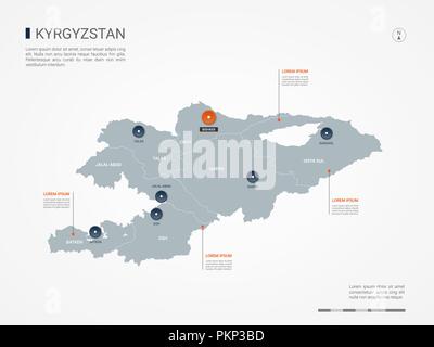 Kirghizistan mappa con le frontiere, città capitale e divisioni amministrative. Infografico mappa vettoriale. Livelli modificabili chiaramente etichettati. Illustrazione Vettoriale