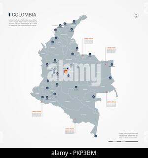 Mappa Colombia con bordi, città capitale e divisioni amministrative. Infografico mappa vettoriale. Livelli modificabili chiaramente etichettati. Illustrazione Vettoriale