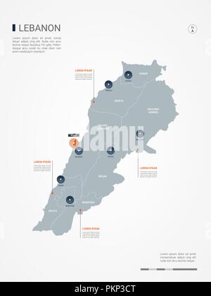 Mappa di Libano con bordi, città capitale e divisioni amministrative. Infografico mappa vettoriale. Livelli modificabili chiaramente etichettati. Illustrazione Vettoriale