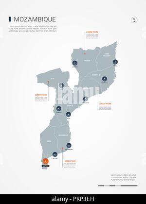 Mappa di Mozambico con bordi, città capitale e divisioni amministrative. Infografico mappa vettoriale. Livelli modificabili chiaramente etichettati. Illustrazione Vettoriale