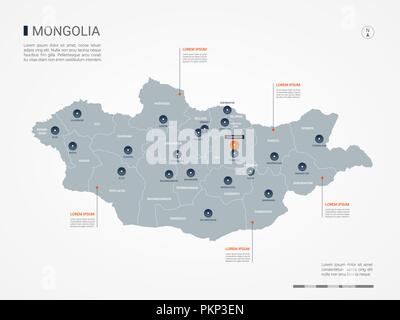 Mongolia mappa con le frontiere, città capitale e divisioni amministrative. Infografico mappa vettoriale. Livelli modificabili chiaramente etichettati. Illustrazione Vettoriale