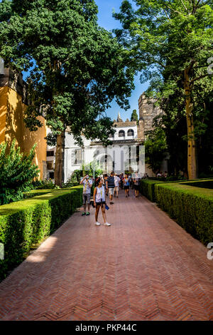 Siviglia, Spagna, 18 Giugno 2017: un gruppo di persone si riuniscono presso l'entrata del palazzo di Alcazar su un luminoso giorno di estate Foto Stock