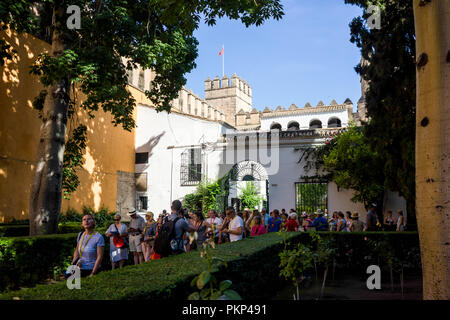 Siviglia, Spagna, 18 Giugno 2017: un gruppo di persone si riuniscono presso l'entrata del palazzo di Alcazar su un luminoso giorno di estate Foto Stock