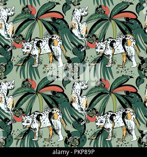 Modello senza cuciture con leopardi e foglie tropicali Illustrazione Vettoriale