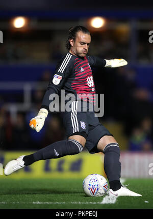 Birmingham City's Lee Camp durante il cielo di scommessa match del campionato a St Andrews trilioni di Trofeo Stadium, Birmingham. Stampa foto di associazione. Picture Data: venerdì 14 settembre, 2018. Vedere PA storia Calcio Birmingham. Foto di credito dovrebbe leggere: Nick Potts/filo PA. Restrizioni: solo uso editoriale nessun uso non autorizzato di audio, video, dati, calendari, club/campionato loghi o 'live' servizi. Online in corrispondenza uso limitato a 120 immagini, nessun video emulazione. Nessun uso in scommesse, giochi o un singolo giocatore/club/league pubblicazioni. Foto Stock