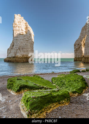 Chalk Scogliere di Etretat Normandia (Francia) con l'ago di pietra che si chiama l'Aiguille Foto Stock