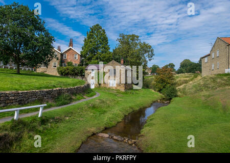 Caratteristico il cioccolato-box cottage da un flusso in Hutton Le Hole, North Yorkshire Foto Stock