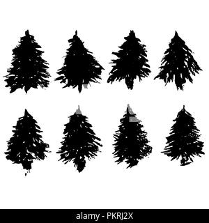 Set di abete silhouette. Nero grunge di alberi di Natale. Acquerello pini isolati su sfondo bianco. Illustrazione Vettoriale. Illustrazione Vettoriale