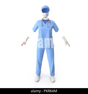 Blu uniforme medico macchiate di sangue isolato su bianco. 3D illustrazione Foto Stock