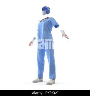 Chirurgo vestito sporco nel sangue isolato su bianco. 3D illustrazione Foto Stock