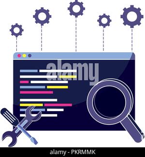 Il codice del sito web del programma e lente di ingrandimento con attrezzature Illustrazione Vettoriale