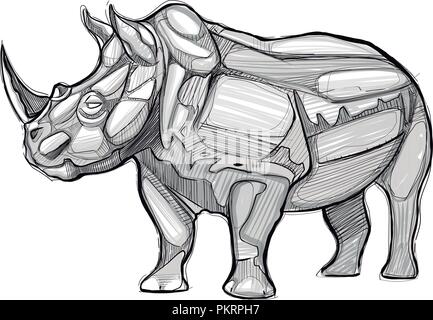 Disegnata a mano vettore illustrazione digitale o il disegno di un rhino Illustrazione Vettoriale