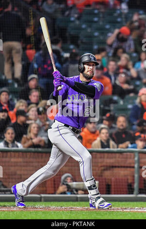 San Francisco, California, Stati Uniti d'America. Xiv Sep, 2018. Colorado Rockies sinistra fielder David Dahl (26) a bat durante la MLB gioco tra il Colorado Rockies e i San Francisco Giants di AT&T Park di San Francisco, California. Chris Brown/CSM/Alamy Live News Foto Stock