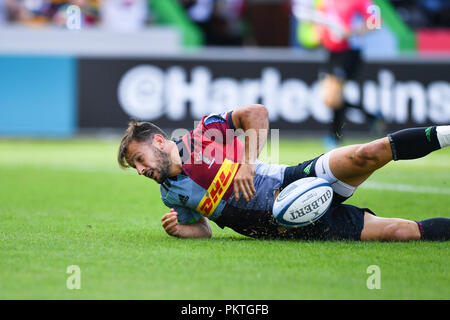 Londra, Regno Unito. Il 15 settembre 2018. Danny cura di arlecchini punteggi i suoi lati prima provare durante la Premiership Gallagher match tra arlecchini e bagno a Twickenham Stoop Sabato, 15 settembre 2018. Londra Inghilterra. (Solo uso editoriale, è richiesta una licenza per uso commerciale. Nessun uso in scommesse, giochi o un singolo giocatore/club/league pubblicazioni.) Credito: Taka Wu/Alamy Live News Foto Stock