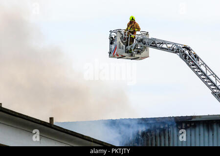 Inglese vigile del fuoco sulla parte superiore della scaletta estesa piattaforma spotting focolai di incendio in fabbrica di Cummins fire a Westwood, Margate. Fumo dal tetto dell'edificio. Foto Stock