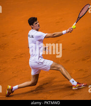 Kraljevo impianto sportivo, Kraljevo, Serbia. Xv Sep, 2018. Tennis Davis Cup World Group, play-off, Serbia contro l'India; Danilo Petrovic (SRB) restituisce Credito: Azione Sport Plus/Alamy Live News Foto Stock