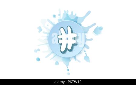 Vettore segno hashtag con badge rotondo e acquerello splash blot. Manoscritte elemento creativo per social media network. Illustrazione Vettoriale