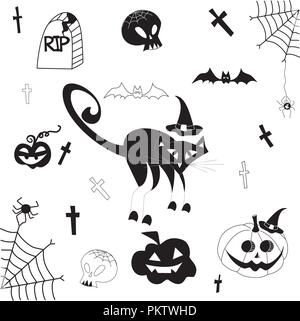 Sfondo di Halloween con zucche, gatti, pipistrelli e teschi. Illustrazione Vettoriale
